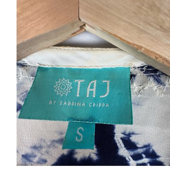 Taj by Sabrina Crippa Blue and White Beaded Kaftan Silk Blouse Size S Cover Up - Picture 15 of 16